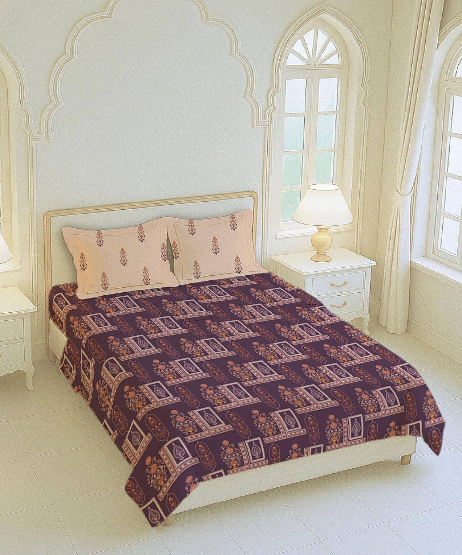 Home Essential Royal Bloom Queen Bedsheet Set, Mirabella Coral | 144TC Cotton| 2 Pillow Covers