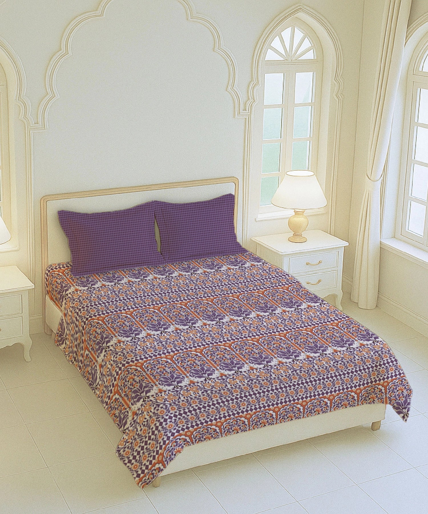 Home Essential Royal Bloom Queen Bedsheet Set, Rosario Purple| 144TC Cotton| 2 Pillow Covers