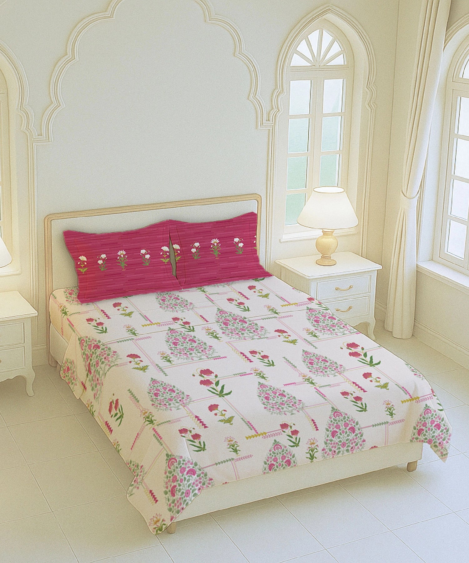 Home Essential Royal Bloom Queen Bedsheet Set, Gilded Dream Pink| 144TC Cotton| 2 Pillow Covers