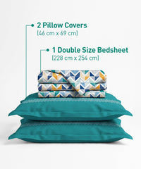 Urban Comfort Queen Bedsheet Set, Trippy Triangles Blue |144 TC Cotton| 2 Pillow Covers