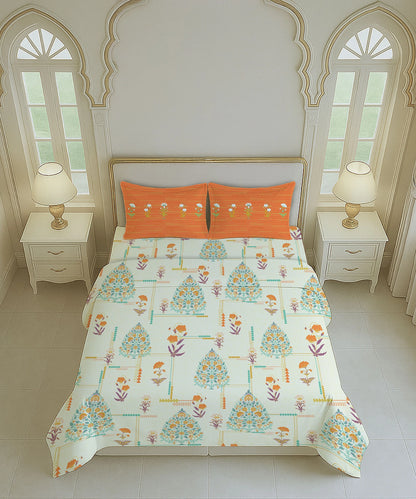 Home Essential Royal Bloom Queen Bedsheet Set, Gilded Dream Orange| 144TC Cotton| 2 Pillow Covers