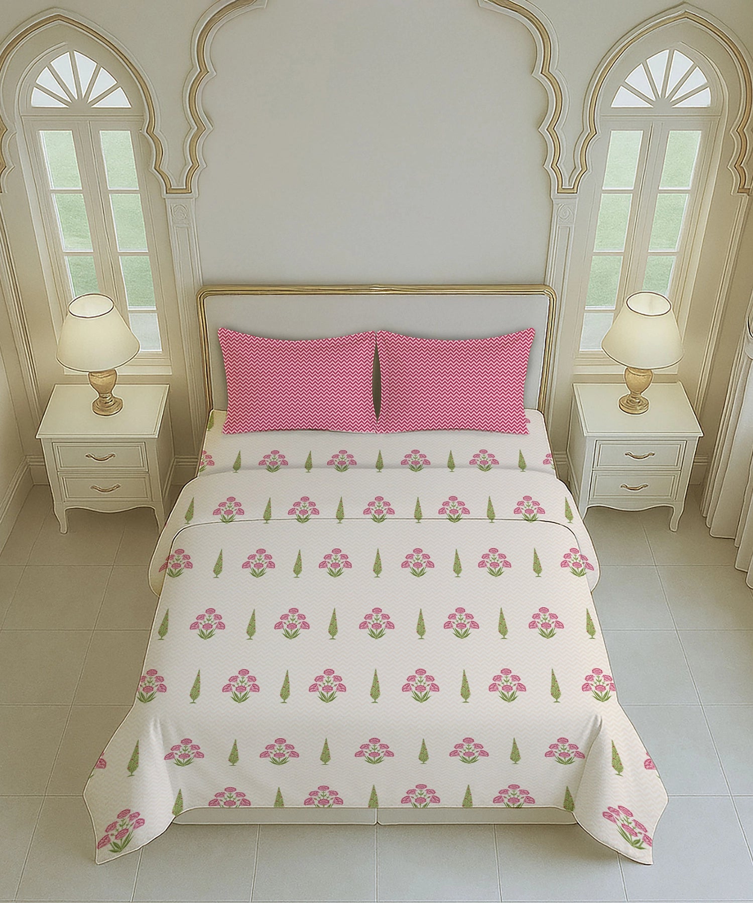 Home Essential Royal Bloom Queen Bedsheet Set, Raya Pink| 144TC Cotton| 2 Pillow Covers