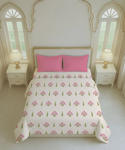 Home Essential Royal Bloom Queen Bedsheet Set, Raya Pink| 144TC Cotton| 2 Pillow Covers