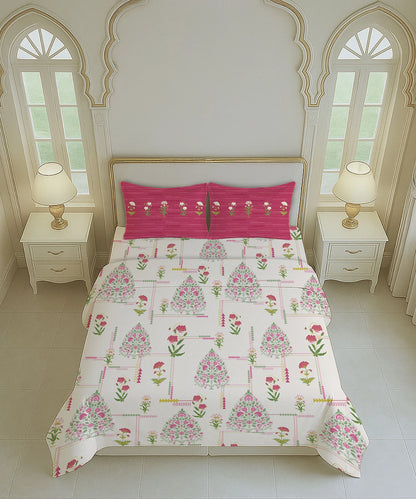 Home Essential Royal Bloom Queen Bedsheet Set, Gilded Dream Pink| 144TC Cotton| 2 Pillow Covers