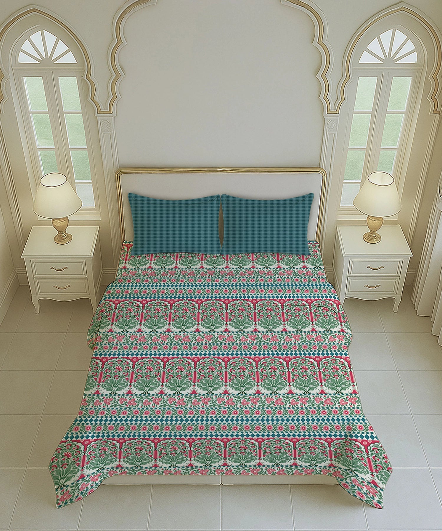 Home Essential Royal Bloom Queen Bedsheet Set, Rosario Teal| 144TC Cotton| 2 Pillow Covers