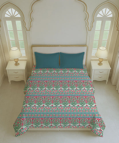 Home Essential Royal Bloom Queen Bedsheet Set, Rosario Teal| 144TC Cotton| 2 Pillow Covers
