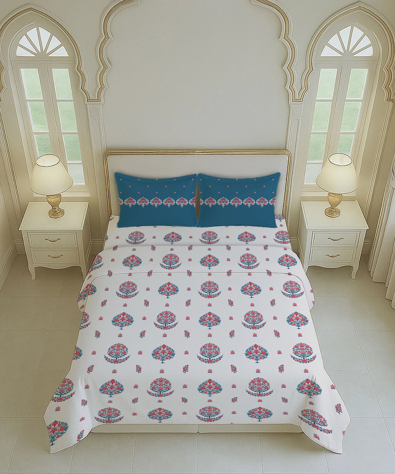 Home Essential Royal Bloom Queen Bedsheet Set, Lindon Blue| 144TC Cotton| 2 Pillow Covers
