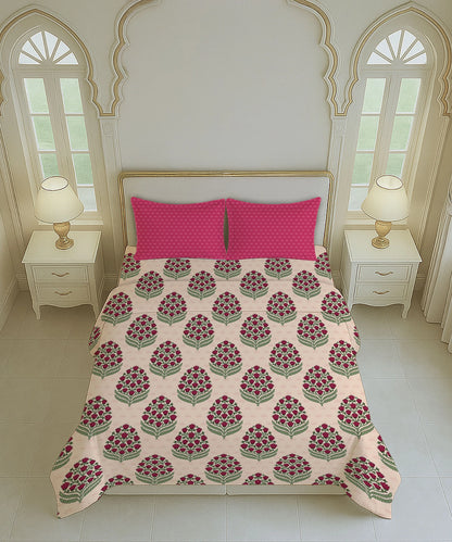 Home Essential Royal Bloom Queen Bedsheet Set, Dhalia Pink| 144TC Cotton| 2 Pillow Covers