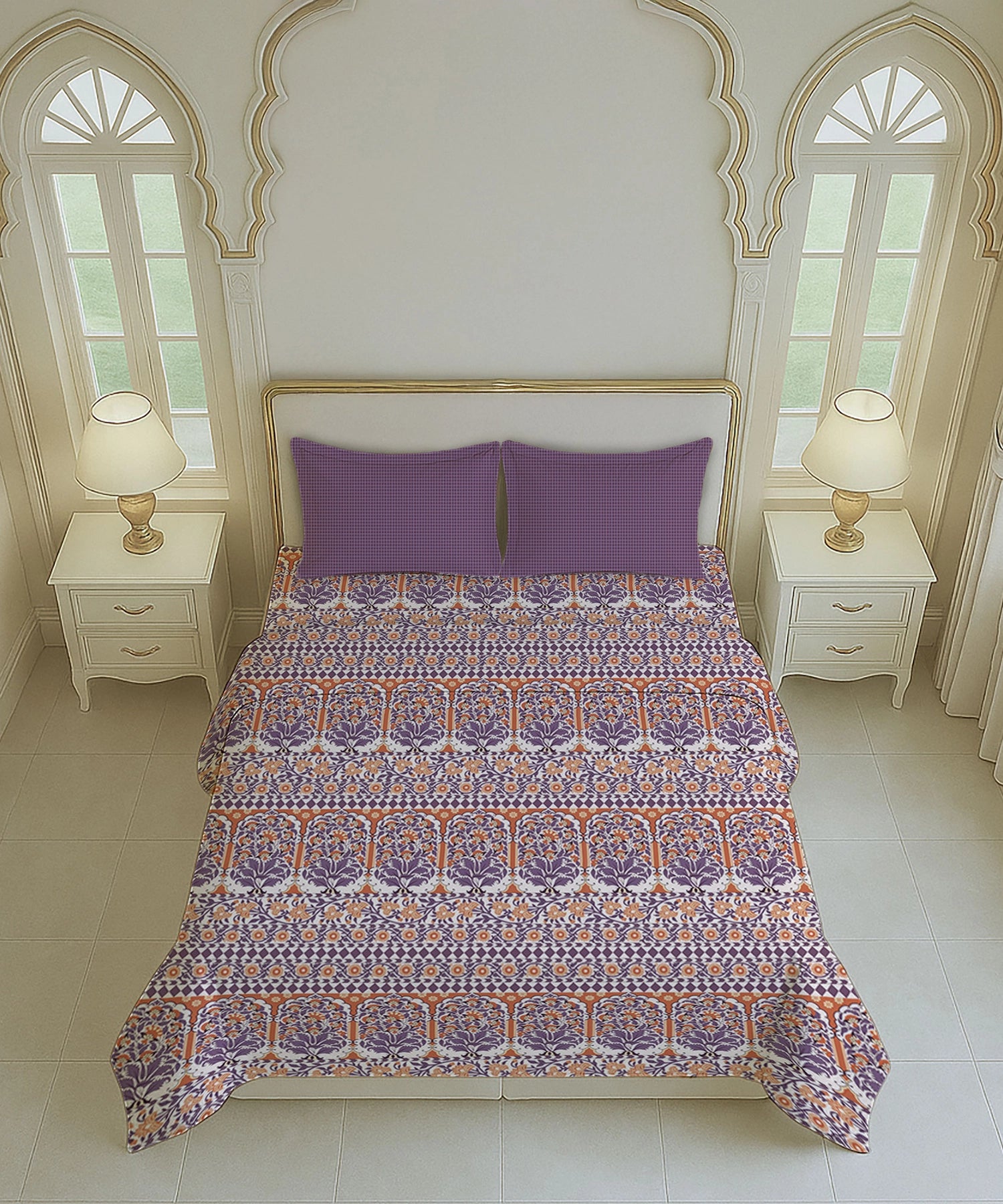 Home Essential Royal Bloom Queen Bedsheet Set, Rosario Purple| 144TC Cotton| 2 Pillow Covers