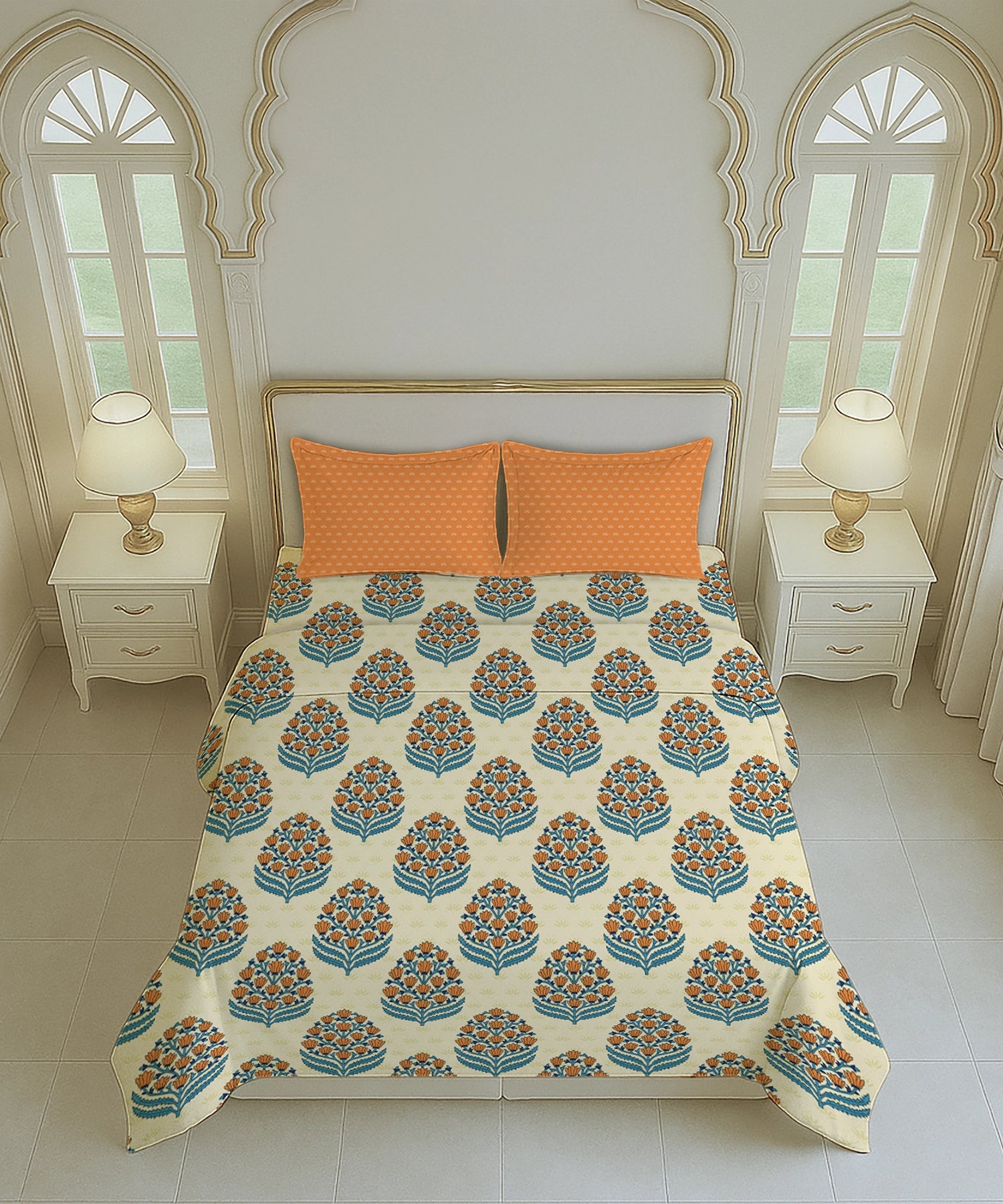 Home Essential Royal Bloom Queen Bedsheet Set, Dhalia Orange| 144TC Cotton| 2 Pillow Covers