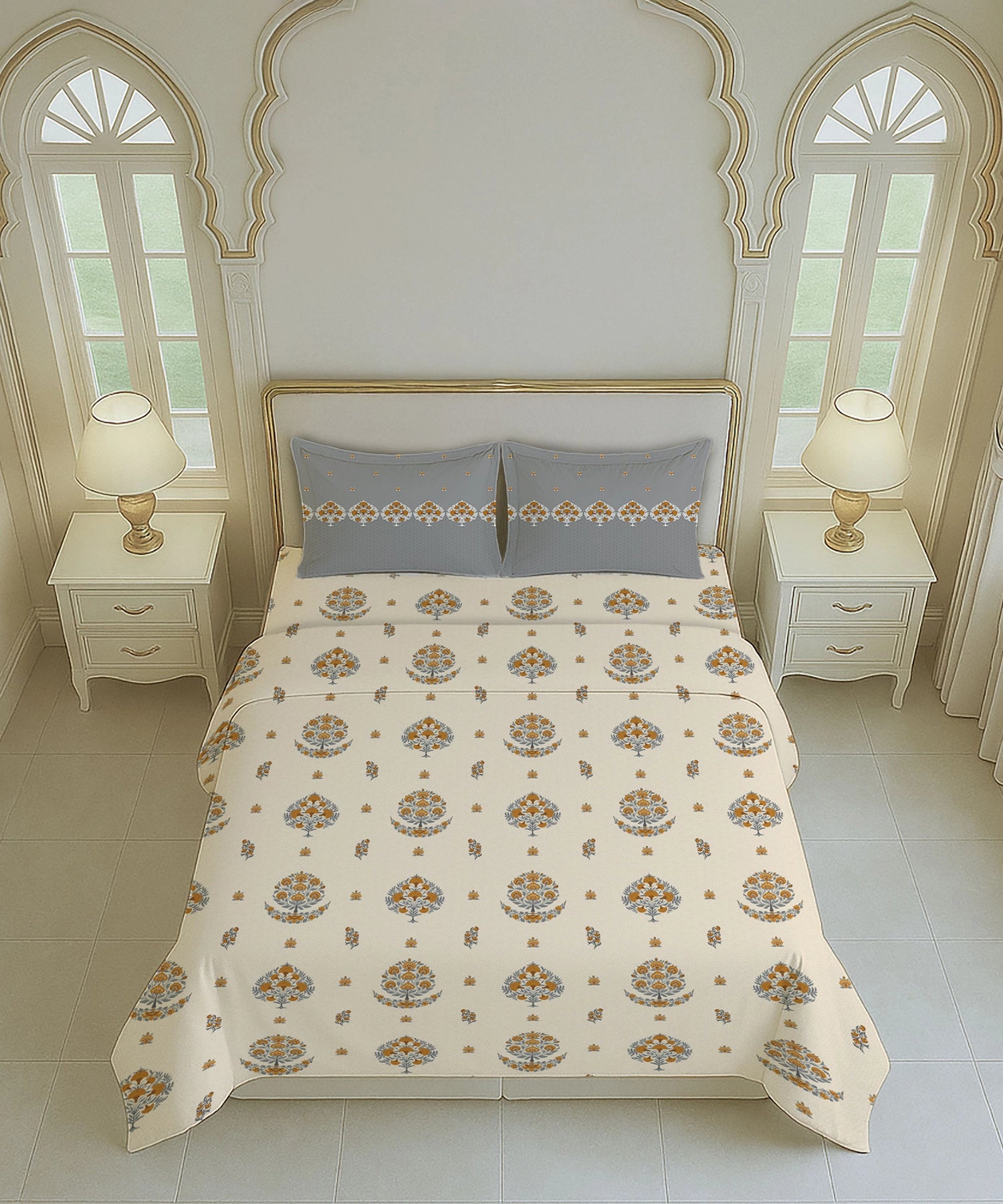 Home Essential Royal Bloom Queen Bedsheet Set, Lindon Grey| 144TC Cotton| 2 Pillow Covers