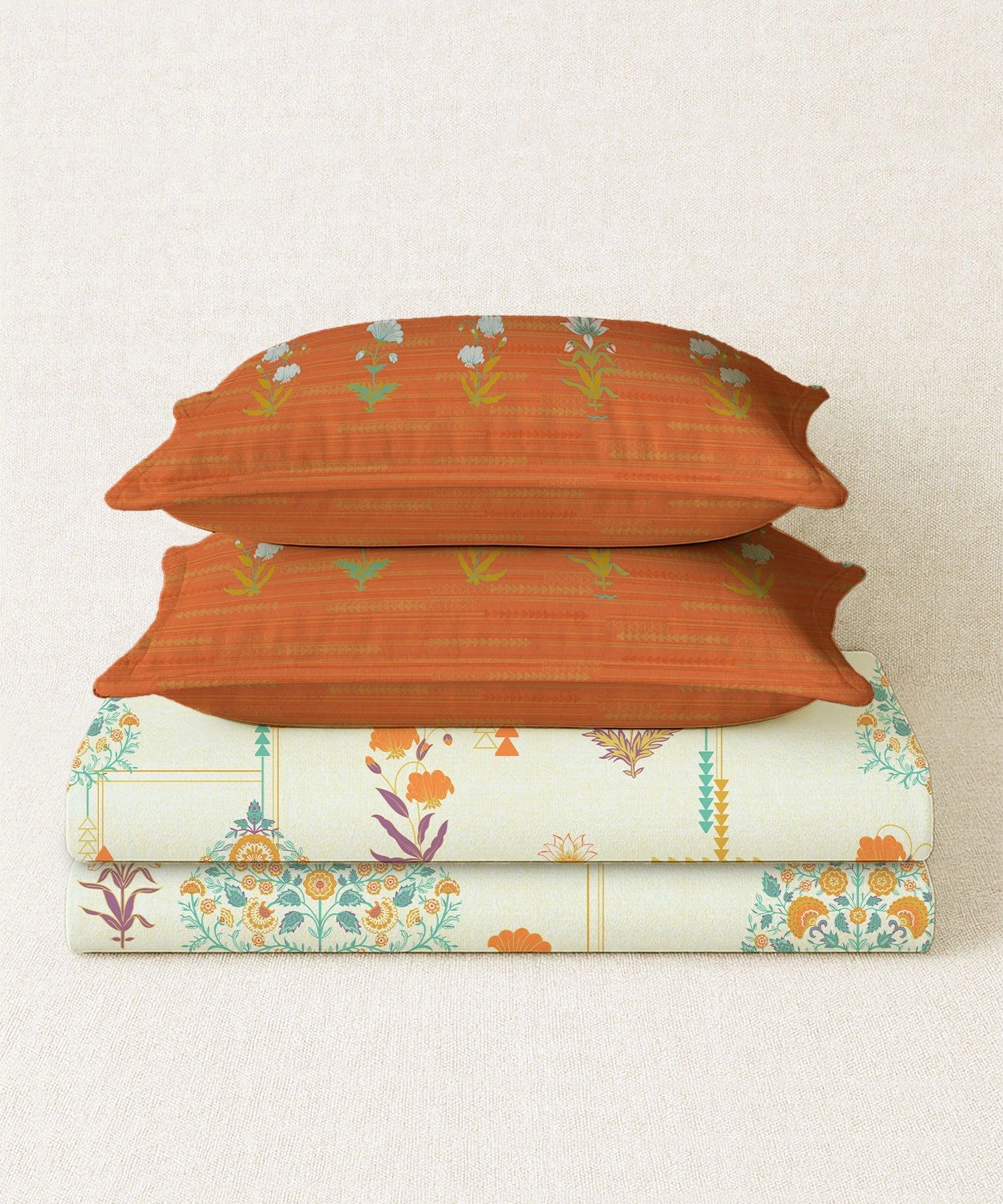 Home Essential Royal Bloom Queen Bedsheet Set, Gilded Dream Orange| 144TC Cotton| 2 Pillow Covers