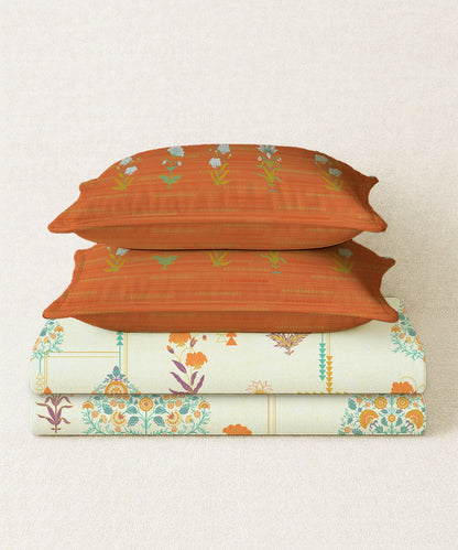 Home Essential Royal Bloom Queen Bedsheet Set, Gilded Dream Orange| 144TC Cotton| 2 Pillow Covers