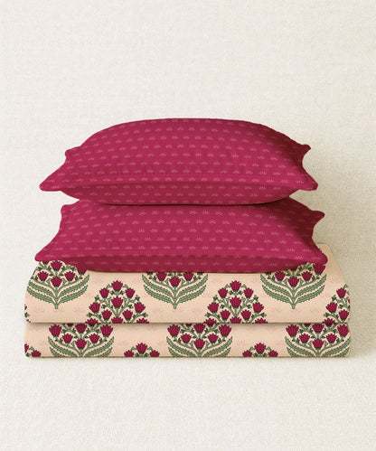 Home Essential Royal Bloom Queen Bedsheet Set, Dhalia Pink| 144TC Cotton| 2 Pillow Covers