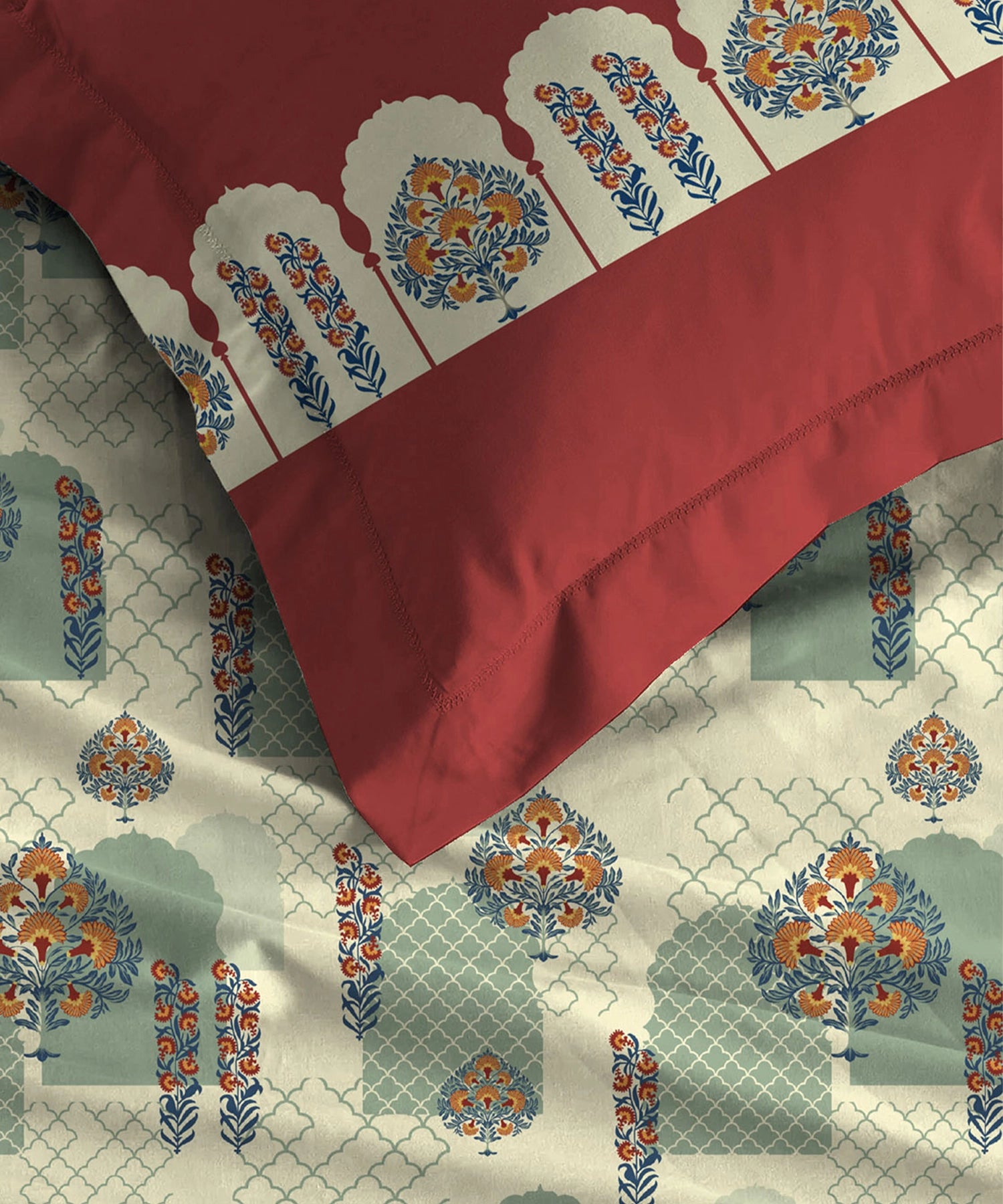 Celebration Queen Bedsheet Set, Ruhani Orange | 144 TC Cotton| 2 Pillow Covers