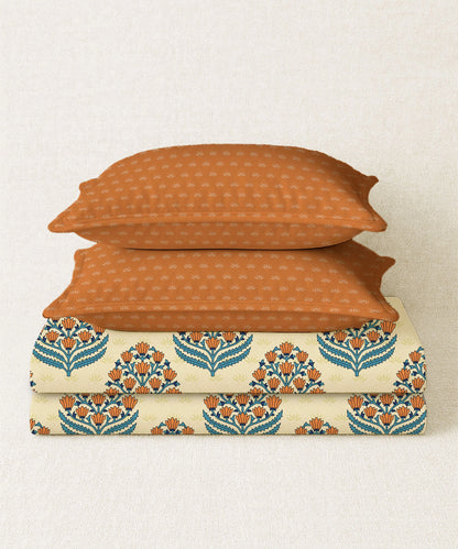 Home Essential Royal Bloom Queen Bedsheet Set, Dhalia Orange| 144TC Cotton| 2 Pillow Covers