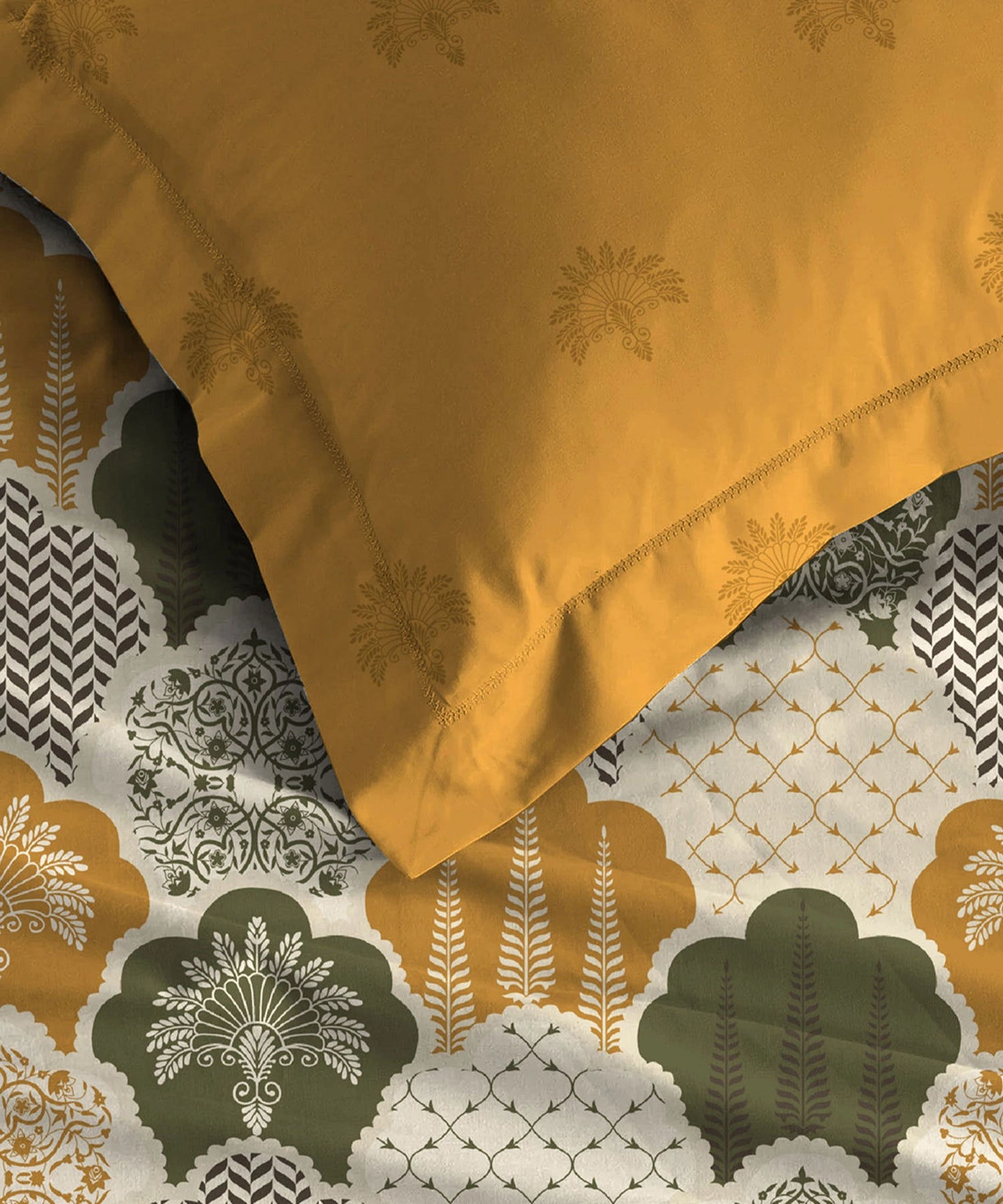 Celebration Queen Bedsheet Set, Mehfil Mustard | 144 TC Cotton| 2 Pillow Covers
