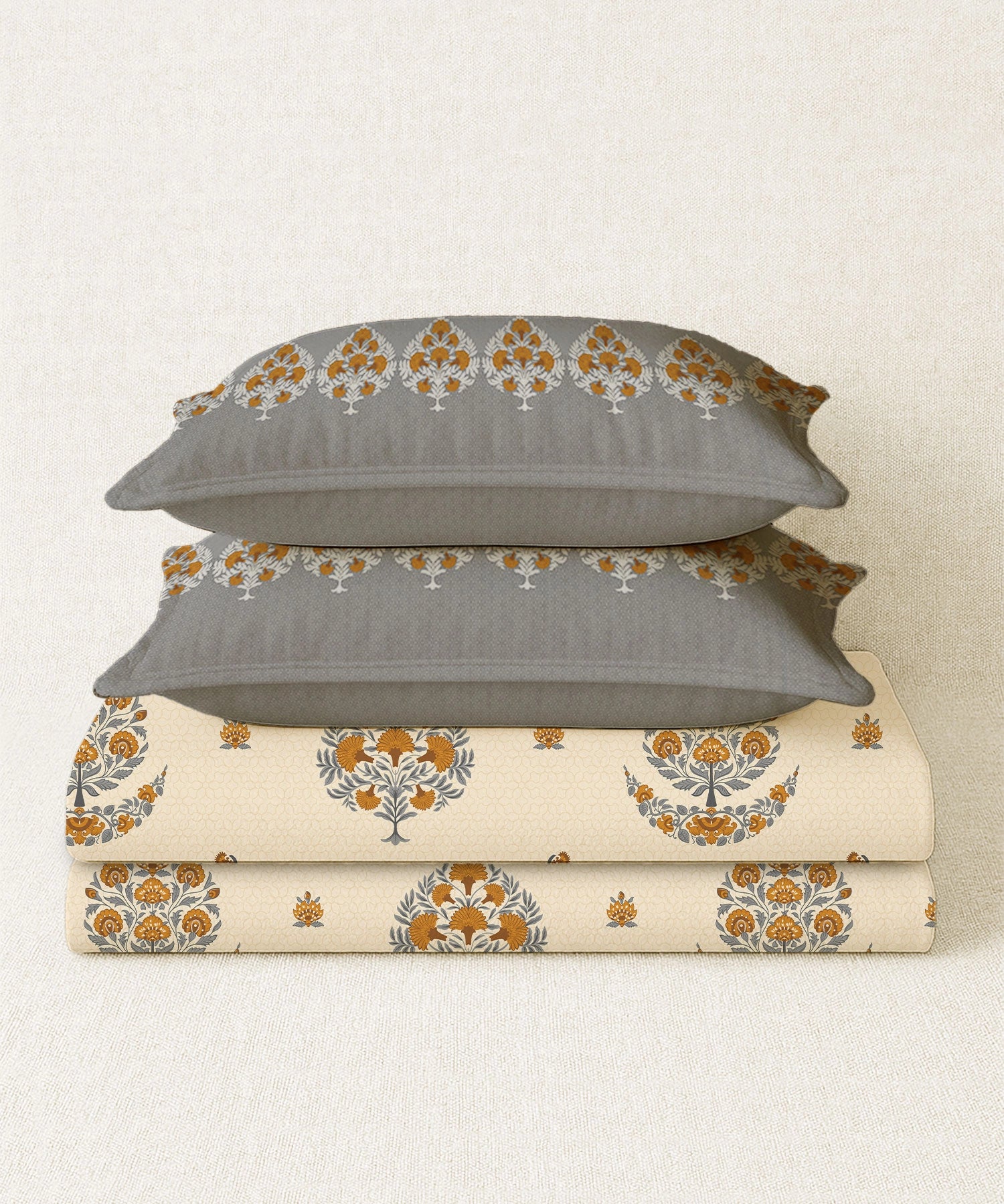 Home Essential Royal Bloom Queen Bedsheet Set, Lindon Grey| 144TC Cotton| 2 Pillow Covers