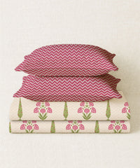 Home Essential Royal Bloom Queen Bedsheet Set, Raya Pink| 144TC Cotton| 2 Pillow Covers