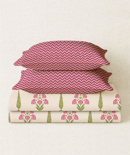 Home Essential Royal Bloom Queen Bedsheet Set, Raya Pink| 144TC Cotton| 2 Pillow Covers