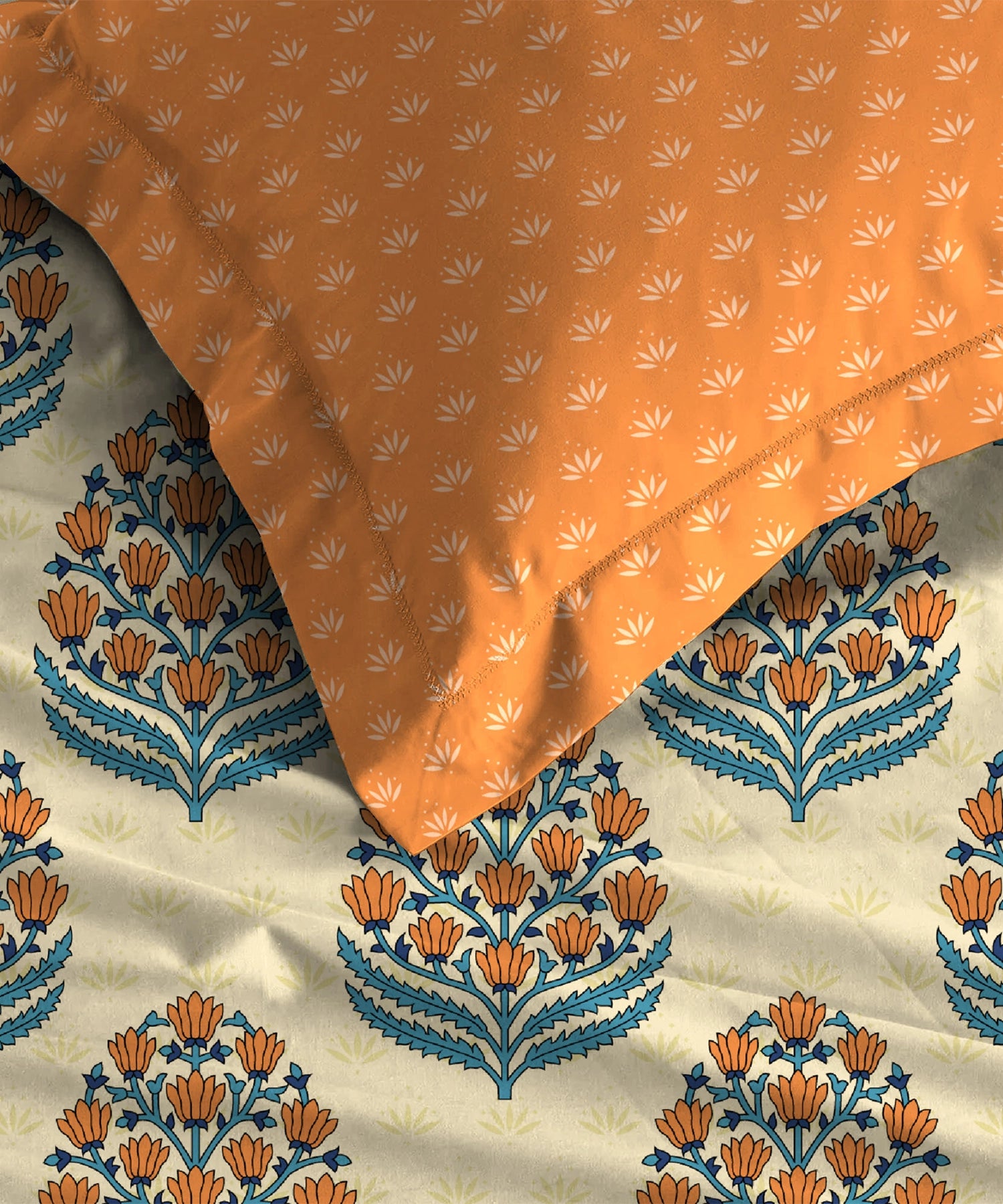 Home Essential Royal Bloom Queen Bedsheet Set, Dhalia Orange| 144TC Cotton| 2 Pillow Covers