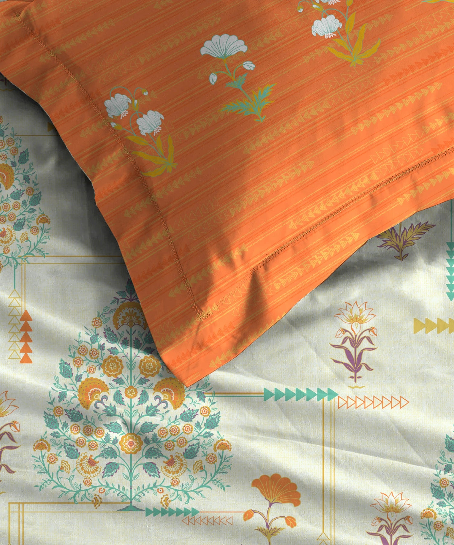 Home Essential Royal Bloom Queen Bedsheet Set, Gilded Dream Orange| 144TC Cotton| 2 Pillow Covers