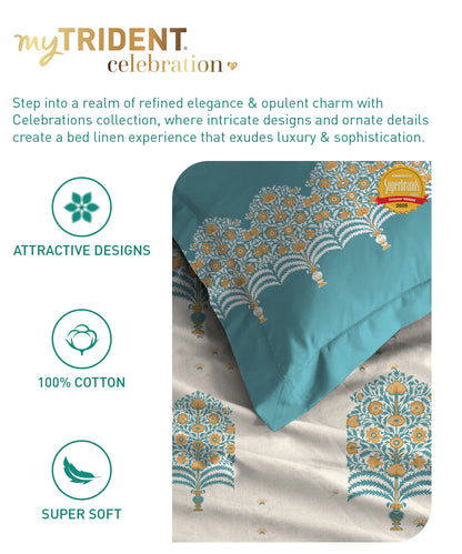 Celebration Queen Bedsheet Set, Saanjh Teal | 144 TC Cotton| 2 Pillow Covers