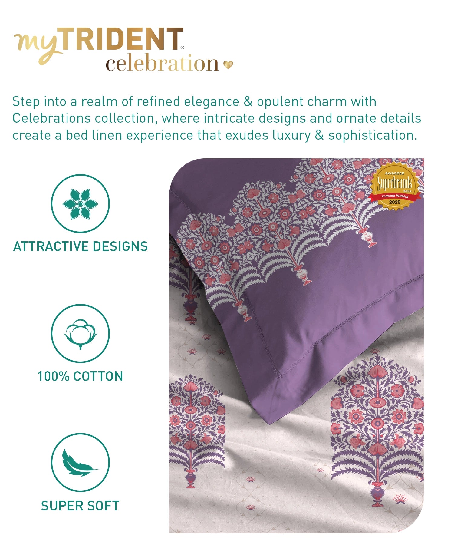 Celebration Queen Bedsheet Set, Saanjh Purple | 144 TC Cotton| 2 Pillow Covers