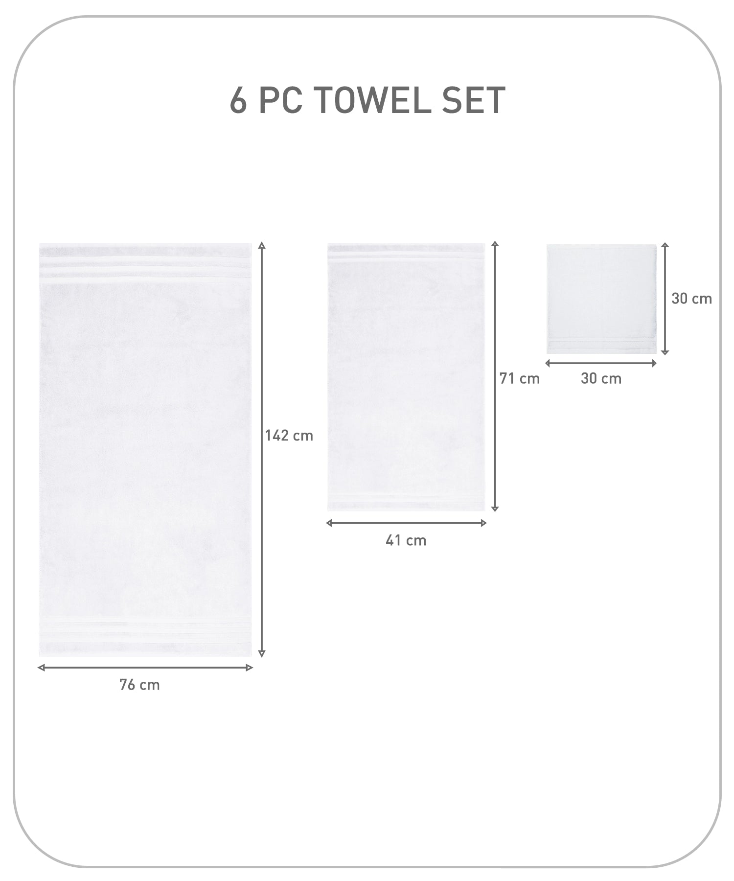 Luxury 6 Pc Towel set, 625 GSM, Antimicrobial, Premium Cotton, White