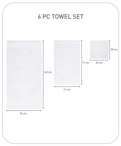 Luxury 6 Pc Towel set, 625 GSM, Antimicrobial, Premium Cotton, White