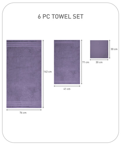 Luxury 6 Pc Towel set, 625 GSM, Antimicrobial, Premium Cotton, Purple