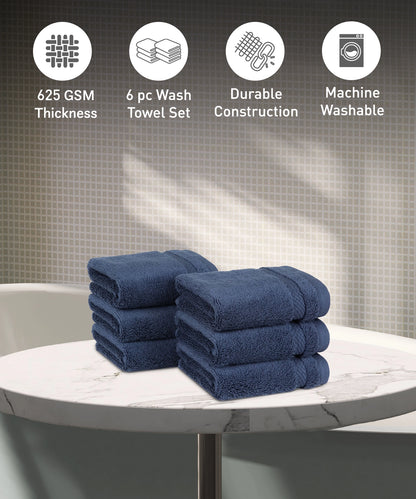 Luxury 6 PC Face Towel Set, Navy|625 GSM Cotton|Anti Microbial