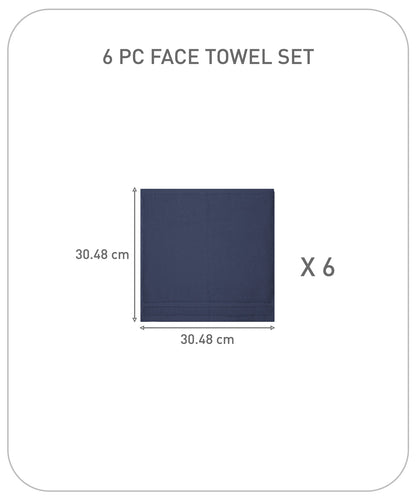 Luxury 6 PC Face Towel Set, Navy|625 GSM Cotton|Anti Microbial