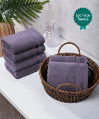 Luxury 6 PC Face Towel Set, Purple|625 GSM Cotton|Anti Microbial