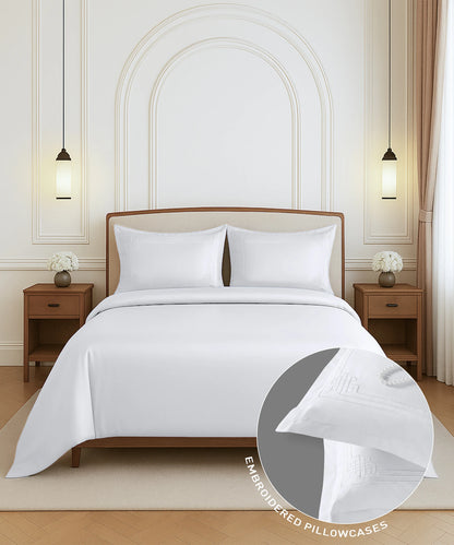 Nectarsoft Luxe Living Solid King Bedsheet Set, Windsor, Snow White|300 TC Cotton| 2 Pillow Cover