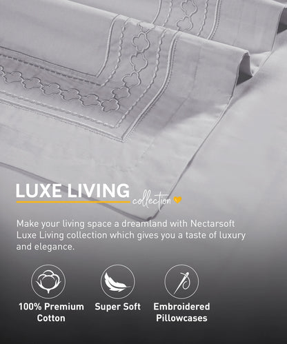 Nectarsoft Luxe Living Solid King Bedsheet Set, Watson, Silver Cloud|300 TC Cotton| 2 Pillow Cover