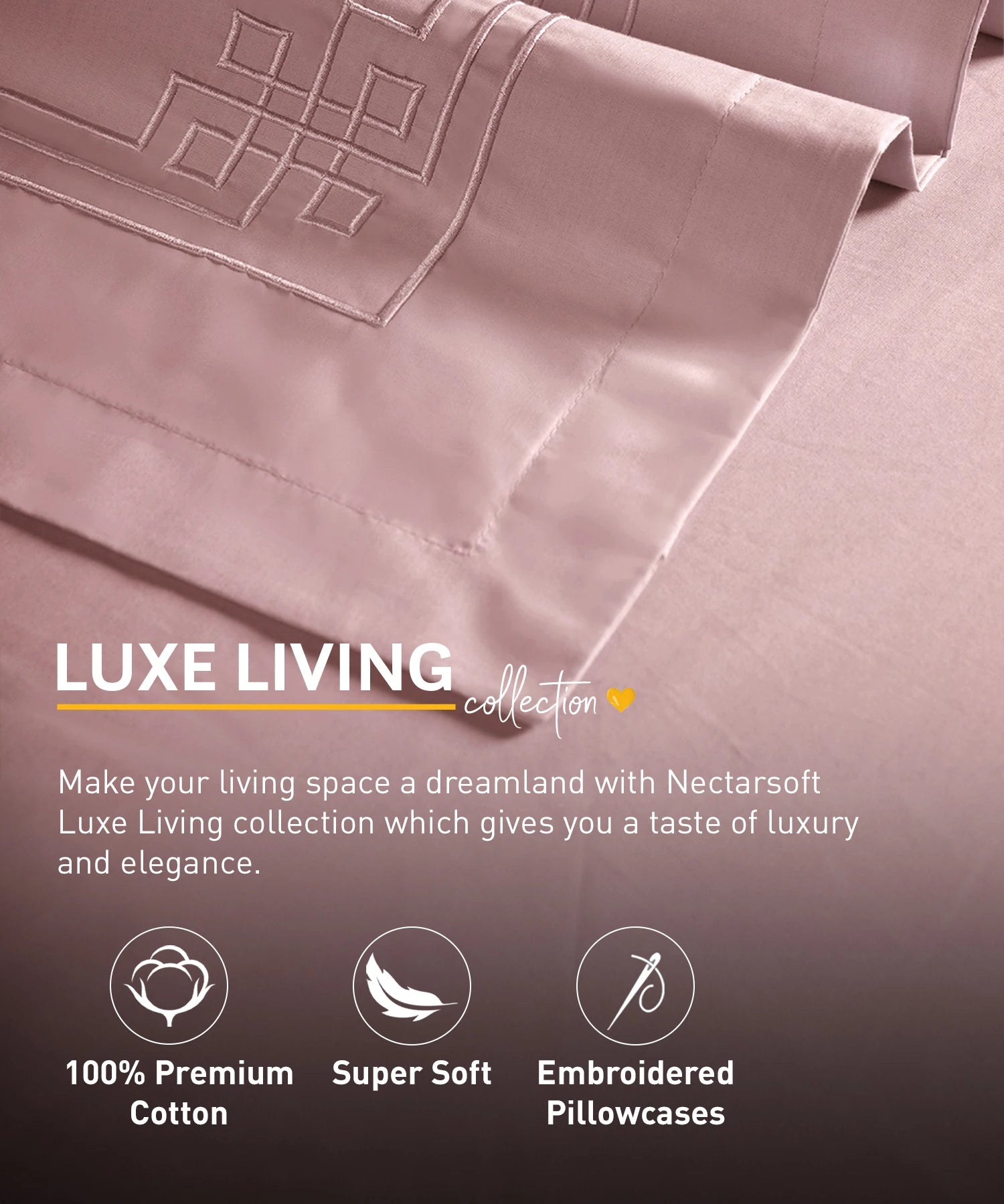 Nectorsoft Luxe Living Solid King Bedsheet Set, Windsor, Peach Bloom|300 TC Cotton| 2 Pillow Cover