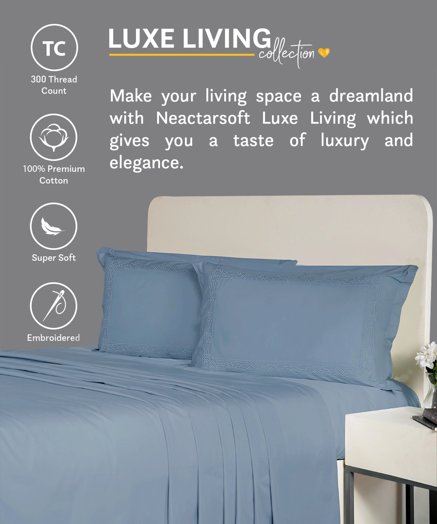 Nectarsoft Luxe Living Solid King Bedsheet ,300 TC ,100% Cotton,Hilton, Blue Shadow