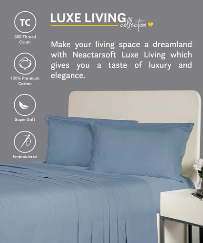 Nectarsoft Luxe Living Solid King Bedsheet ,300 TC ,100% Cotton,Hilton, Blue Shadow