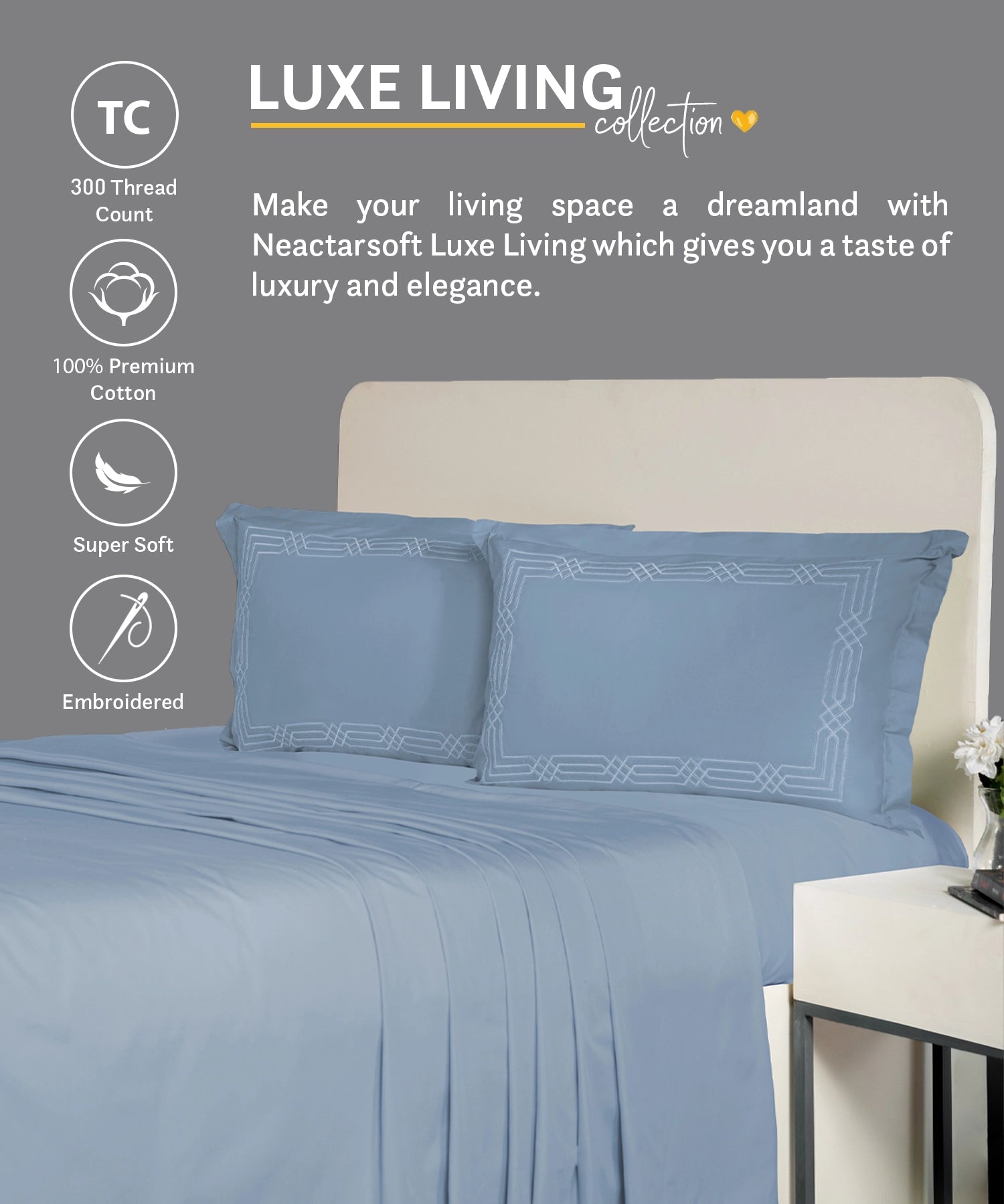 Nectarsoft Luxe Living Solid King Bedsheet ,300 TC ,100% Cotton, Renoir, Blue Shadow