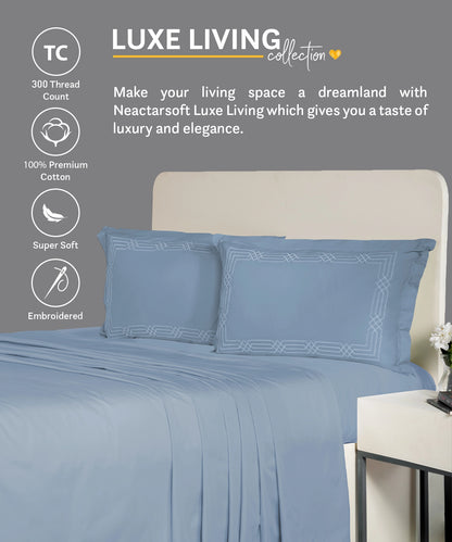 Nectarsoft Luxe Living Solid King Bedsheet ,300 TC ,100% Cotton, Renoir, Blue Shadow
