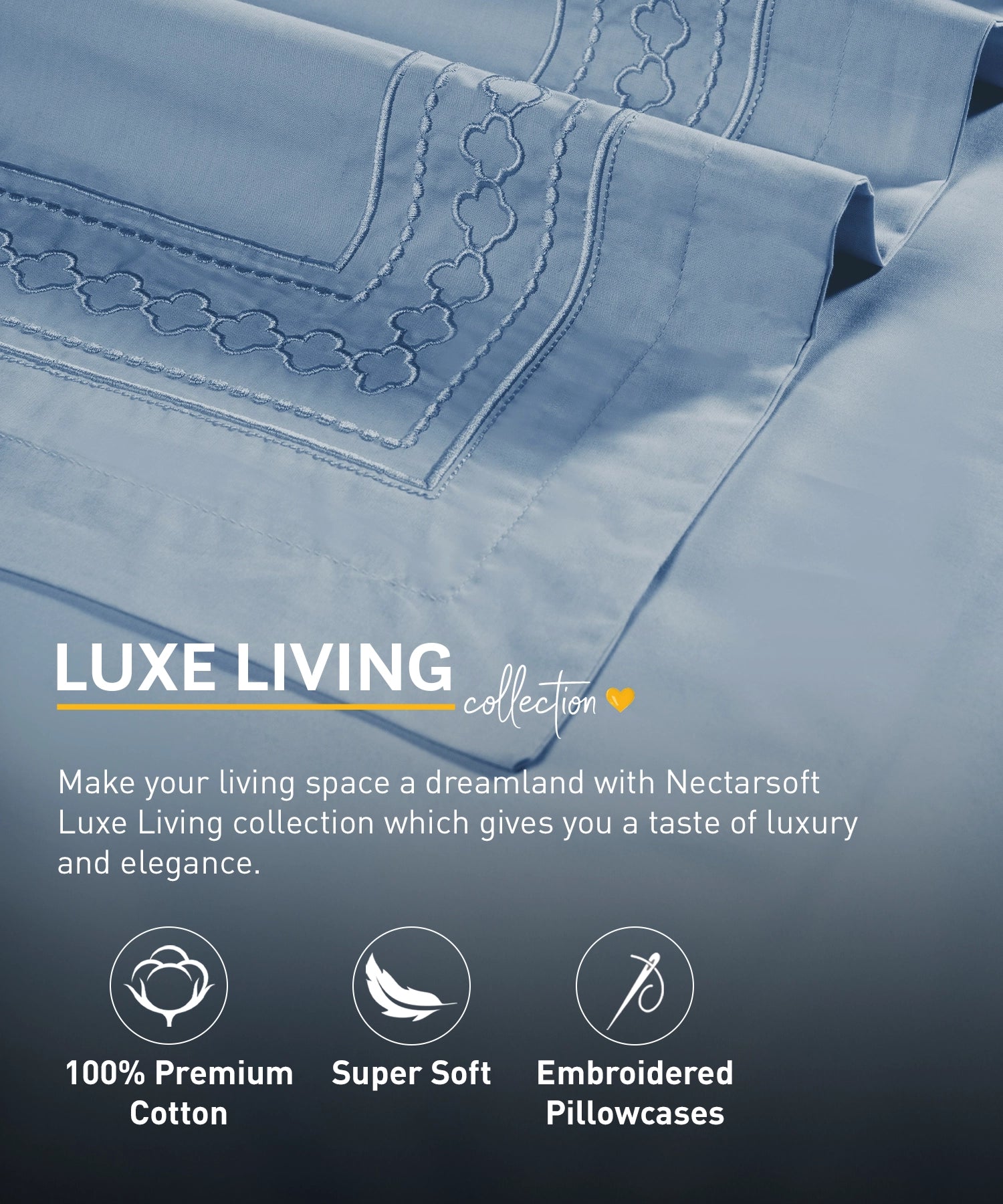 Nectarsoft Luxe Living Solid King Bedsheet Set, Watson, Blue Shadow|300 TC Cotton| 2 Pillow Cover