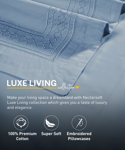 Nectarsoft Luxe Living Solid King Bedsheet Set, Watson, Blue Shadow|300 TC Cotton| 2 Pillow Cover