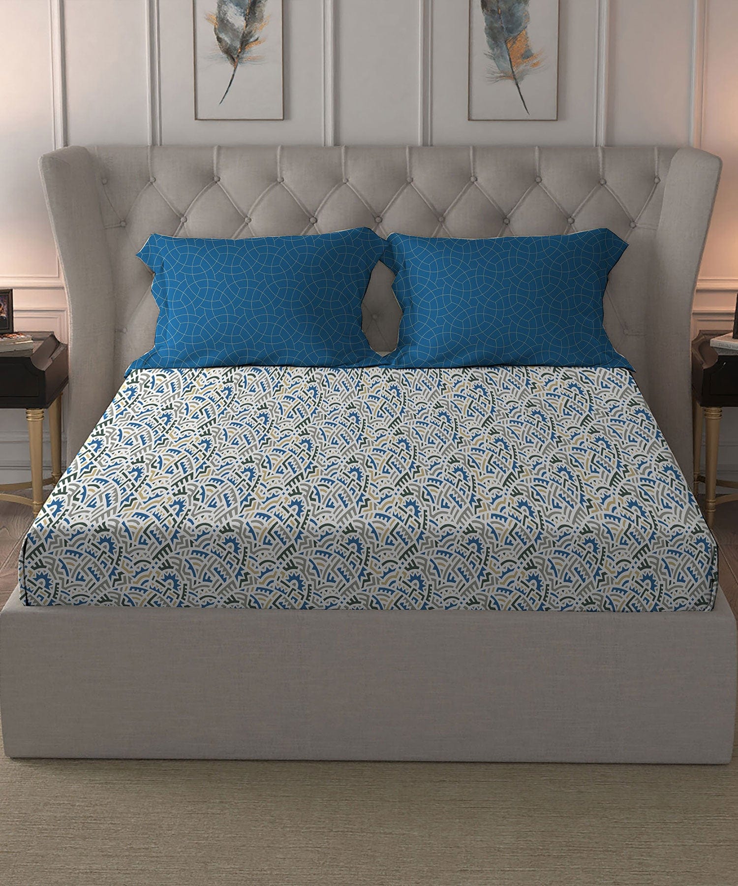 Comfort Living Queen Bedsheet Set,120 TC, 100% Cotton, GEAR BOX BLUE