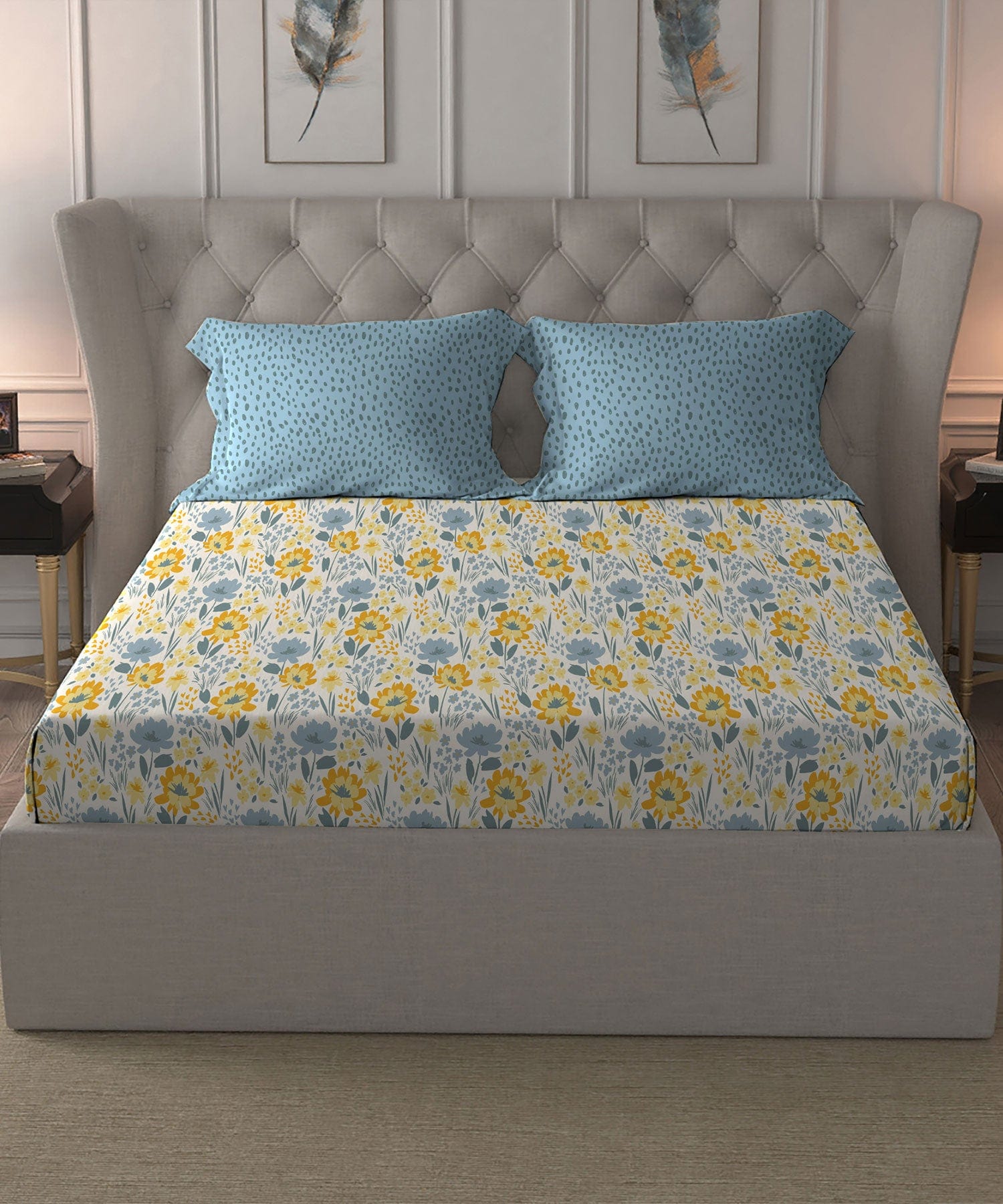 Comfort Living Queen Bedsheet Set,120 TC, 100% Cotton, POPPY FIELD BLUE