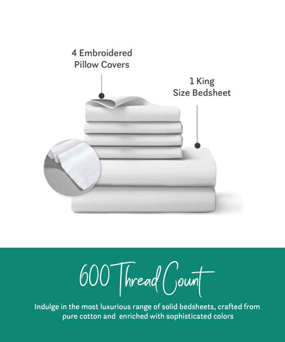 Nectarsoft King Solid Bedsheet Set, White| 600 TC Cotton| 4 Pillow Covers