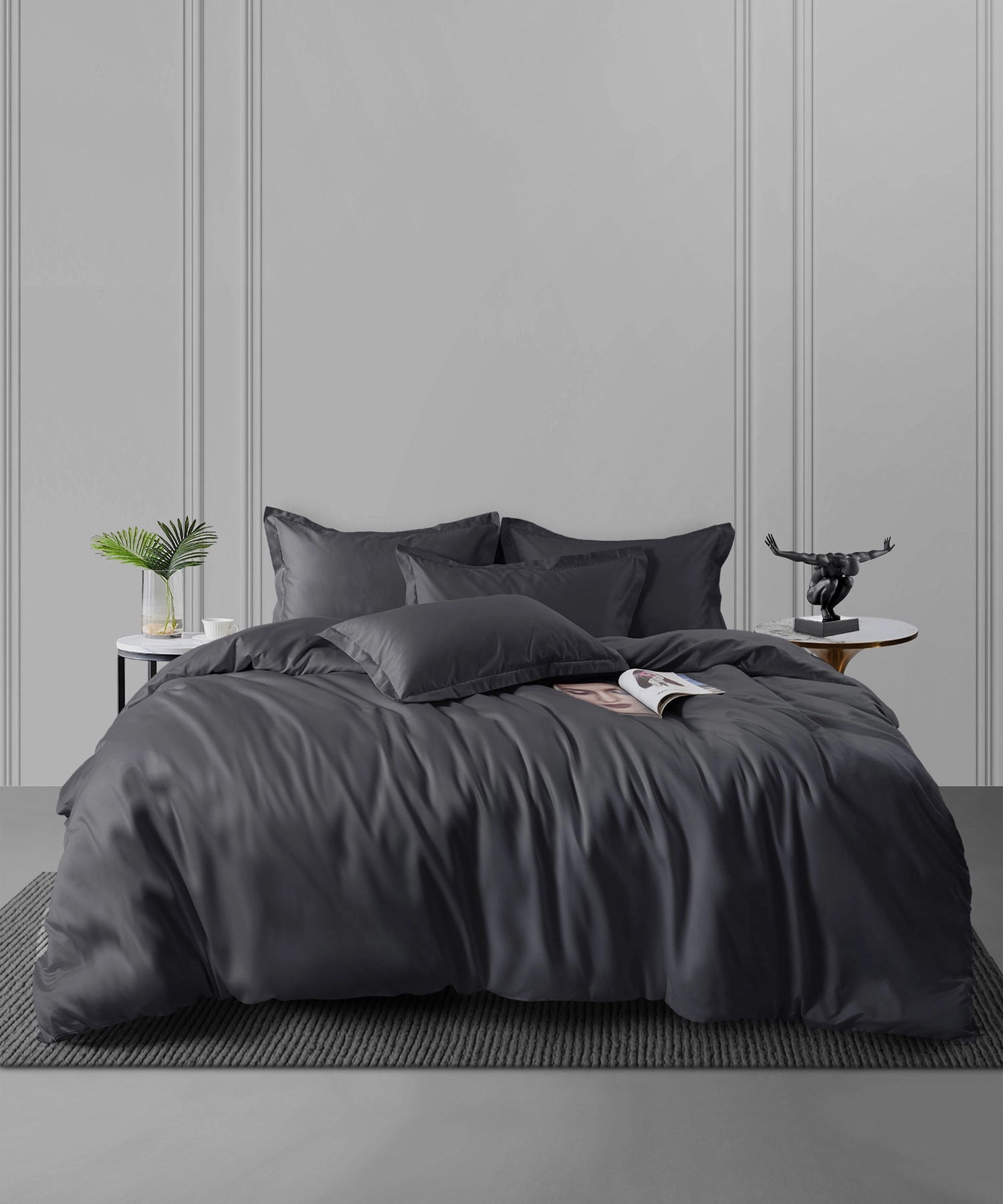 Nectarsoft King Solid Bedsheet Set, Dark Grey| 600 TC Cotton| 4 Pillow Covers