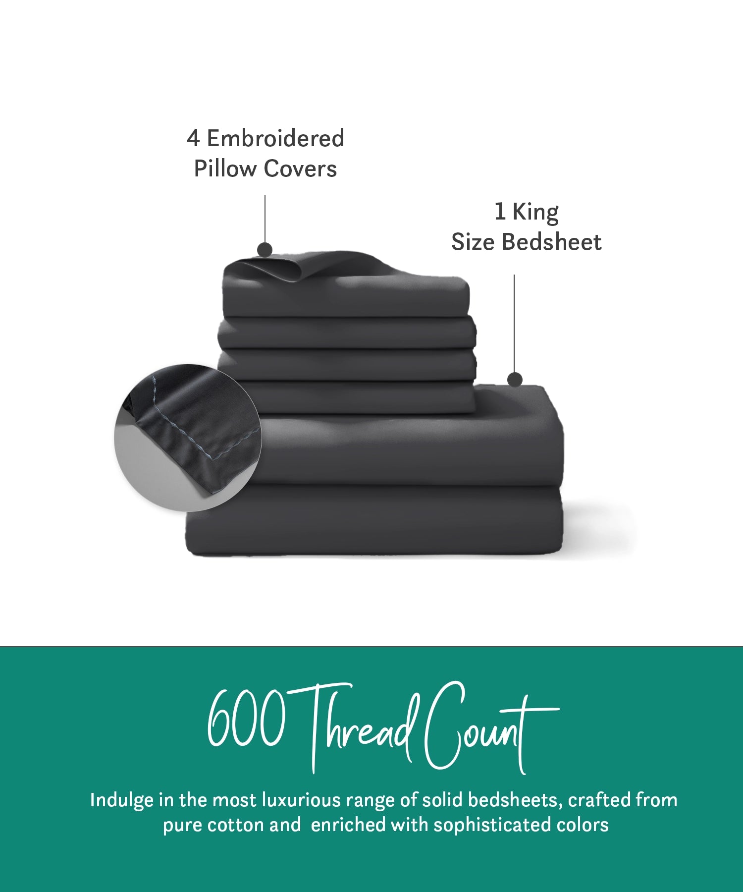 Nectarsoft King Solid Bedsheet Set, Dark Grey| 600 TC Cotton| 4 Pillow Covers