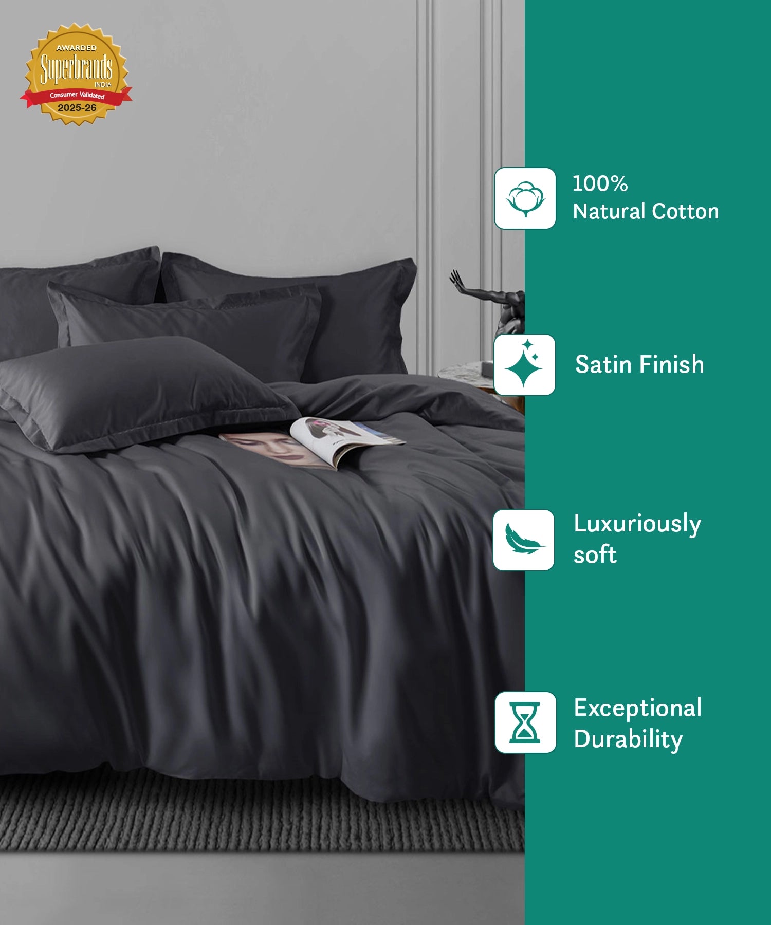 Nectarsoft King Solid Bedsheet Set, Dark Grey| 600 TC Cotton| 4 Pillow Covers