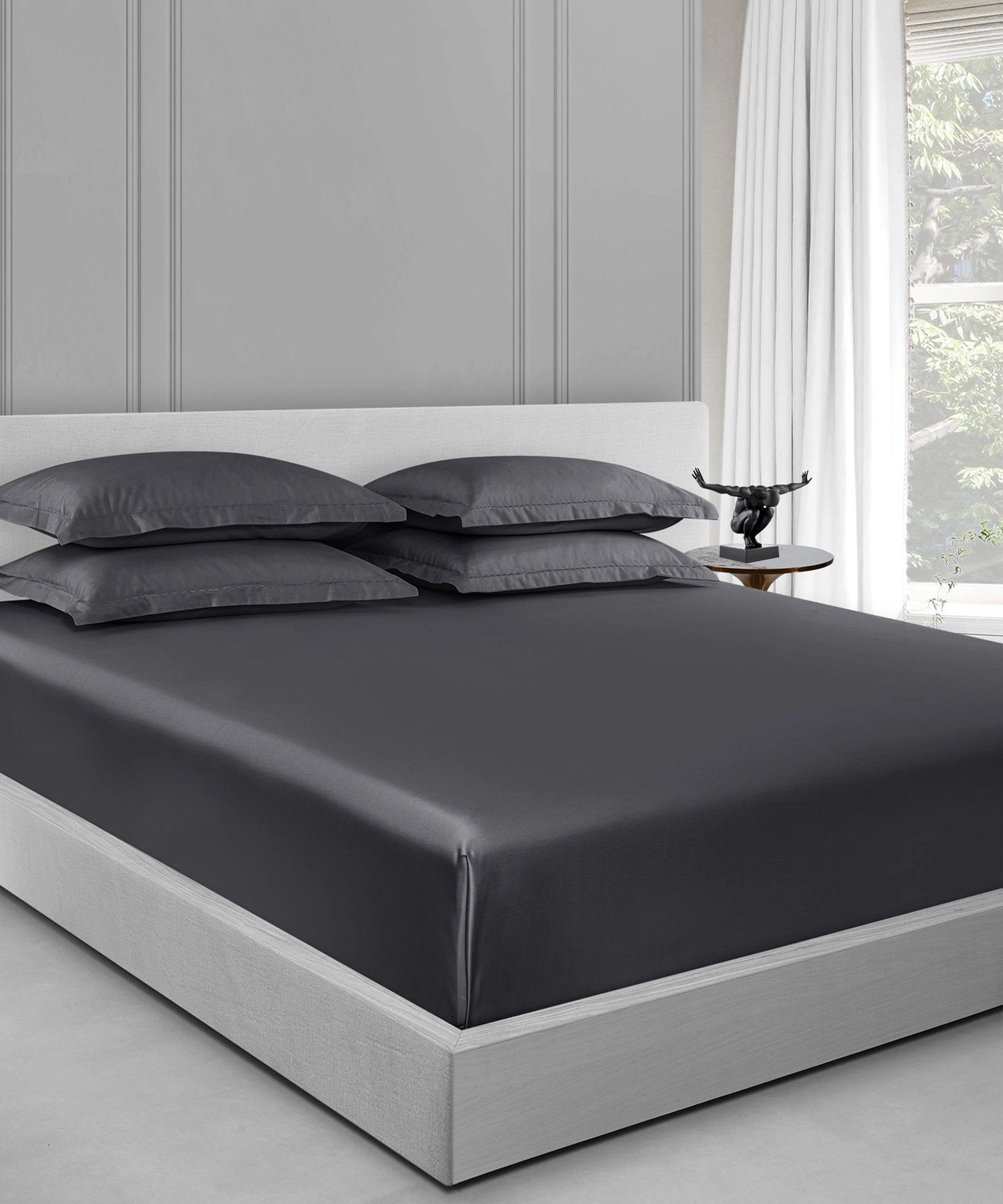 Nectarsoft King Solid Bedsheet Set, Dark Grey| 600 TC Cotton| 4 Pillow Covers